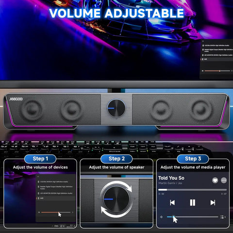 Clear Sound Bluetooth Computer Speakers With USB Plug And Play LED Light Bar For Desktop Laptop And Monitor Dual 5W Full Range Sound USB C Adapter Included shown below monitor, with steps to adjust volume displayed.