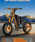 High Power Electric Dirt Bike With 5500W Peak And 40 MPH Top Speed, showcasing dual hydraulic braking system on mountain road