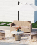 Outdoor Chair Cushions Set Of 2 22x22x4 Inches With Ties For Patio Wicker Dining Chairs, taupe cushions on wicker chairs in garden setting.