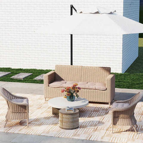 Outdoor Chair Cushions Set Of 2 22x22x4 Inches With Ties For Patio Wicker Dining Chairs, taupe cushions on wicker chairs in garden setting.