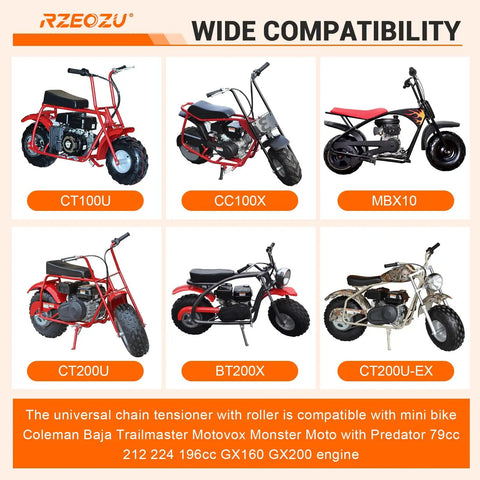 Universal Minibike Chain Tensioner With Roller Bracket Replacement For Coleman CT200U CT200U EX BT200X CT100U Predator 212cc 79cc 224cc 196cc GX160 Engine Compatible With Motovox Trailmaster Monster Moto And Baja Mini Bikes compatibility chart