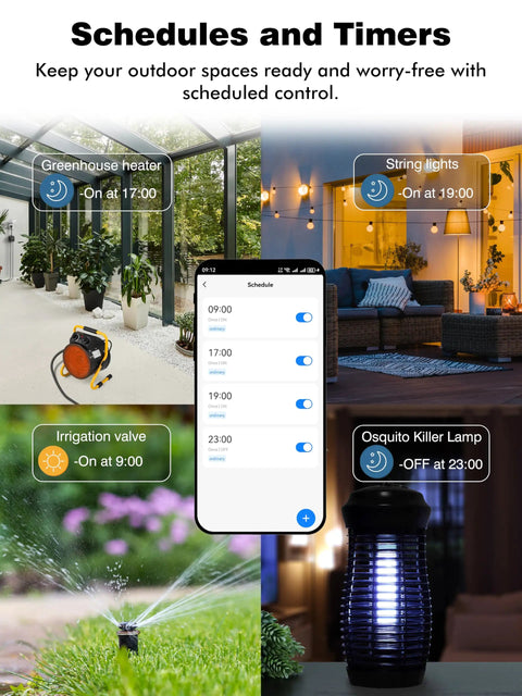 Outdoor Smart Plug IP44 With Dual Independent Outlets shown controlling greenhouse heater and string lights via schedule
