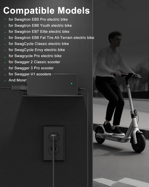 Beefed Up 42V Replacement Charger For SwagTron And SwagCycle Electric Scooters And Bikes, Fully Compatible With EB1 EB5 Pro EB6 Youth EB7 Elite EB8 EB9 EB10 EB11 EB12, Envy Pro, Swagger 2 Classic 3 Pro V1 Scooters