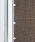 Close-up of twelve pack window screen plunger latches with aluminum pins and white caps on a screen.