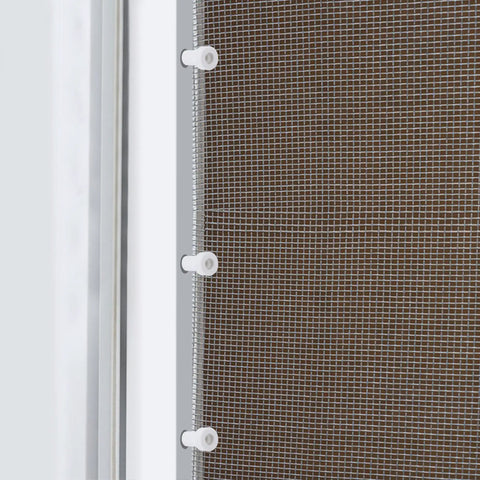 Close-up of twelve pack window screen plunger latches with aluminum pins and white caps on a screen.