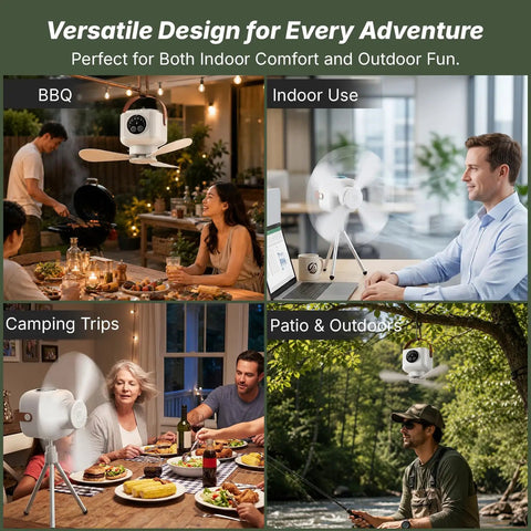Top Rated Portable Ceiling Fan And Battery Operated Tent Fan Crafted For Campers Craving Straight Up Chill Airflow And No Sweat Remote Control For A Sweet Weekend Getaway used at BBQ, indoors, camping trips, and patio.