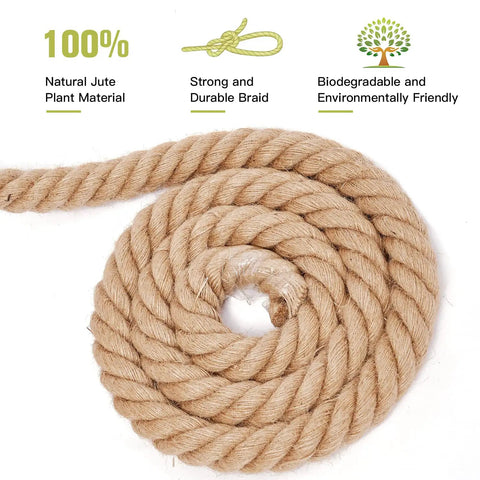 Heavy Duty Jute Rope 1 1/4 Inch By 100 Feet Natural Hemp For Crafts, Gardening, DIY Bundling, Climbing, coiled close-up