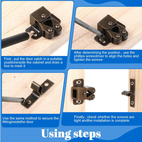 4 Pack Double Roller Cabinet Latch Hardware For Cupboard Closet Kitchen Doors And RV Cabinets Closure Catches installation guide