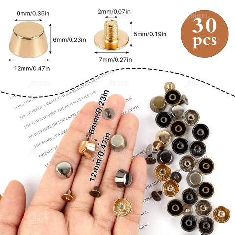 Thirty Pack Screw Back Rivet Studs Zinc Alloy Nail Head Hardware Tough As Nails Metal Spikes assorted in a hand with sizes.