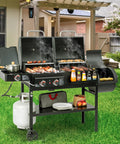 Two Burner Gas And Charcoal Grill Combo With Offset Smoker And Side Burner For Backyard BBQs, 34,000 BTU, outdoor setup