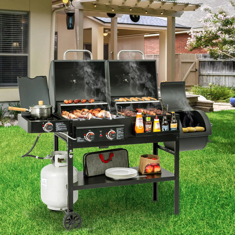 Two Burner Gas And Charcoal Grill Combo With Offset Smoker And Side Burner For Backyard BBQs, 34,000 BTU, outdoor setup