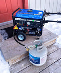 GasSaf 3ft two-stage propane regulator with hose attached to a propane tank feeding a blue DuroMax portable generator.