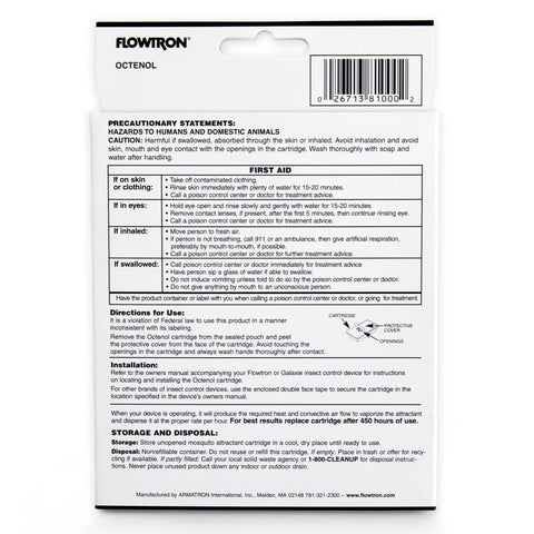 Back of MA 1000 Octenol Mosquito Attractant Cartridge packaging showing safety warnings and usage instructions.