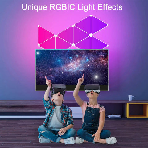 Nine Pack RGB Triangle Wall Light Panels with App Control Tuya Smart Smart Life Alexa Google Home, on wall above TV