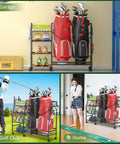 Golf Bag Storage Rack With Wheels For Garage And Home Holds 2 Golf Bags Plus Gear Ball Mesh Rack 3 Shelves Removable Hooks Retractable Strap Durable Black Organizer Stand For Club Shed Basement shown in use