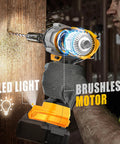 Rugged Cordless Impact Wrench Churning Out 1000 Ft Lbs Of Badass Torque, Fits Seamlessly With DeWalt 20V Batteries, Runs Silky On A Brushless Motor And Brings A Blazing LED Sightline For Swift Tire Rotations, shown drilling into wood.