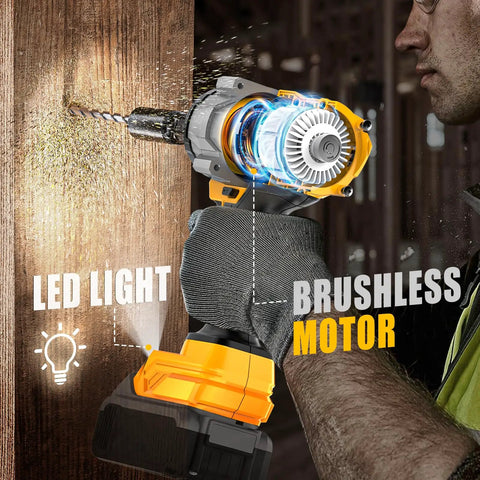 Rugged Cordless Impact Wrench Churning Out 1000 Ft Lbs Of Badass Torque, Fits Seamlessly With DeWalt 20V Batteries, Runs Silky On A Brushless Motor And Brings A Blazing LED Sightline For Swift Tire Rotations, shown drilling into wood.