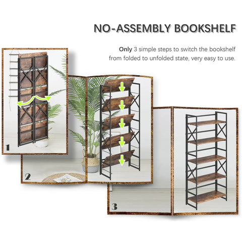 Dope Five Tier Folding Bookshelf Brings Hassle Free Assembly And Slick Industrial Vibes To Your Space Perfect For Bedroom Living Room Or Home Office With Super Sturdy Rustic Brown Shelving Units, showing folding process.