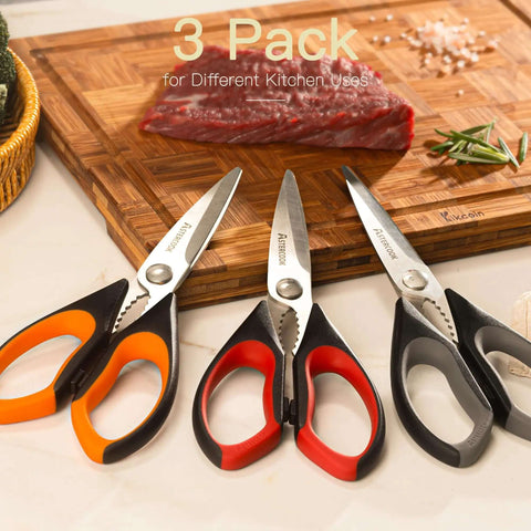 Heavy Duty Kitchen Scissors Three Pack Set Stainless Steel Kitchen Shears for Cutting Food Poultry Meat Vegetables, color-coded