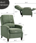 Green Fabric Recliner Chair With Soft Armrests, Adjustable Push Back, And Lumbar Support dimensions illustration