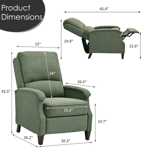 Green Fabric Recliner Chair With Soft Armrests, Adjustable Push Back, And Lumbar Support dimensions illustration