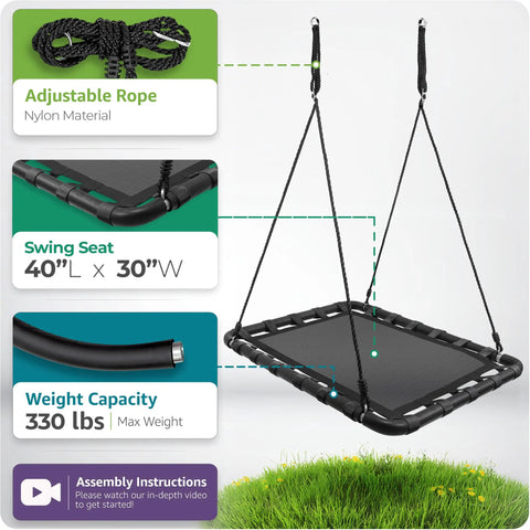 Outdoor Platform Swing For Kids With Rectangular Mat Chair For Tree Or Swing Set Playground Includes Accessories 40 By 30 Inches Black Rectangle Built For Safe Indoor Or Outdoor Fun For Hangouts And Playdates, with adjustable nylon rope and 330 lbs weight capacity.