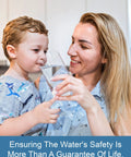 Mom and child enjoying clean water, emphasizing safety with 4 Pack Coliform E Coli Water Test Kit Works Like A Charm For Fast 48 Hour Home Well Tap Pool And Lake Testing Easy No Hassle Bacteria Detector For Safe Drinking Water That Keeps Your Family Happy And Totally Worry Free Any Day.