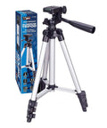 Lightweight 50 Inch Aluminum Tripod With 3 Way Pan And Tilt Head, Flip Lock Leg Locks, shown with original package.