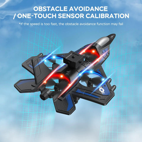 Epic 2.4GHz RC Plane With LED Night Lights 360 Degree Flips 6 Axis Gyro Stabilization flying on a blue grid background
