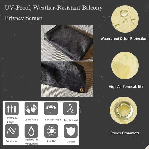 Balcony Privacy Screen Cover 3.5 Feet By 16.5 Feet Black UV Resistant Fence Screen displayed with waterproof and grommet details