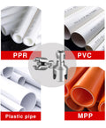 Integrated Internal And External PVC Pipe Threading Tool Kit With Sealant Tape shown with various pipe types including PVC