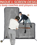 L Screen Baseball Pitching Net With Wheels, 7x7 Ft Heavy Duty Portable Steel Frame protecting batter from pitch
