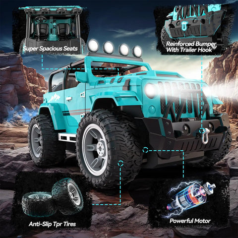 All Terrain 1to16 Scale Remote Control SUV With Fog Mist And Music Dual Battery RC Truck With Trailer Hitch 2 4GHz Off Road Crawler Toy Epic Gift For Boys Today showing reinforced bumper, anti-slip tires, and powerful motor