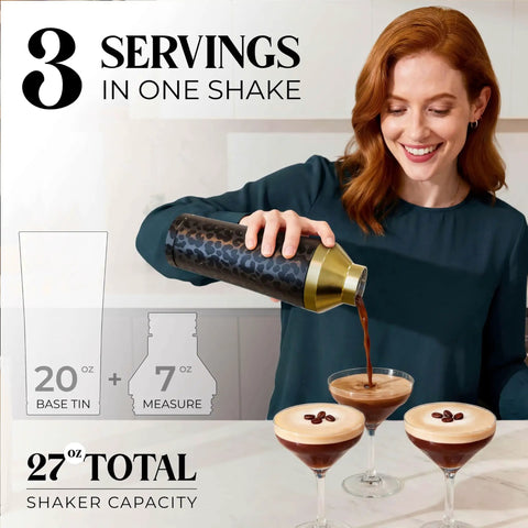 Top Shelf Insulated Cocktail Shaker Set With Double Wall Stainless Steel Body And Integrated Jigger Strainer For Smooth Home Bar Pouring And Easy Party Mixing With Total Zero Condensation Drama In Slick Gold Finish being used to pour cocktails.