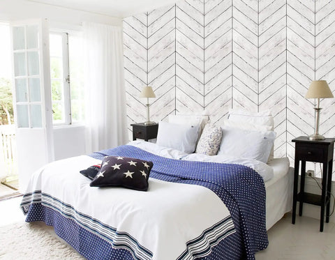 Peel And Stick Wood Wallpaper With Herringbone Pattern DIY Friendly Self Adhesive Removable Grey And White Vintage Wall Covering