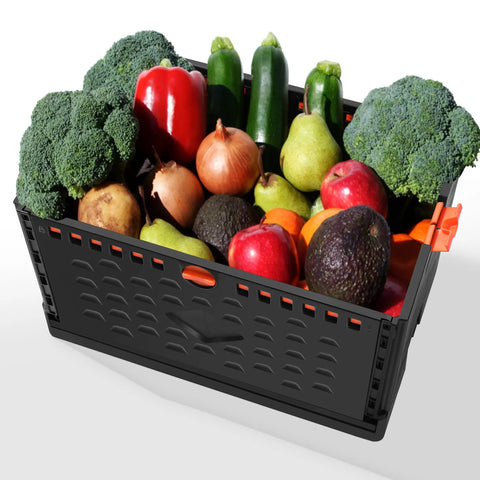 Collapsible Crate On Wheels Folding Hand Truck Set No Assembly Required Rollin Cart filled with assorted vegetables and fruits