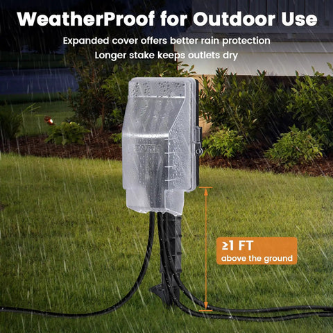 Outdoor Power Stake Timer With Remote Waterproof And Dusk To Dawn Sensor 100 Ft Range 6 Outlets 6 Ft Extension Cord Ideal For Halloween Decorations Holiday Lights And Garden, shown installed in rain with cover.