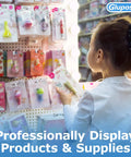 Child browsing a variety of packaged products on a pegboard display in a retail store.