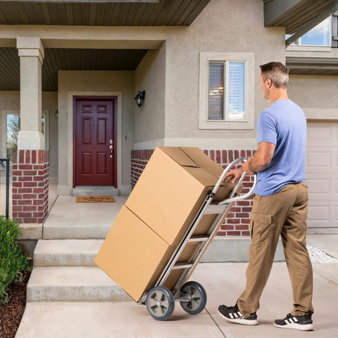 Person using Heavy Duty Hand Truck Dolly With Vertical Loop Handle For Moving Up To 500 Lb Capacity, Aluminum Cart With 10 Inch Rubber Wheels.