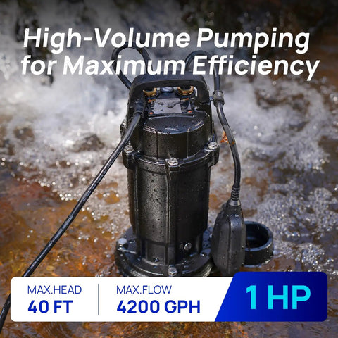 1 HP Sewage Grinder Pump With 4200 GPH Flow 2 Inch Discharge Cast Iron Submersible Sump Pump On Rocky Terrain