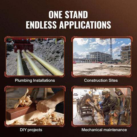 VEVOR V-Head Pipe Stand promotional banner with four scenes: plumbing, construction sites, DIY projects, and mechanical maintenance.