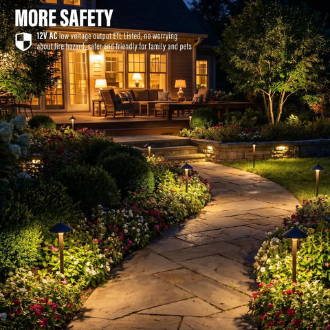 Low Voltage Pathway Lights 6 Pack Outdoor Landscape Lighting 12V 10W 2700K Warm White illuminating a garden path