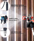 Pro Grade Airless Paint Sprayer Gun Kit Packed With Five Interchangeable Tips 311 To 619, showing safety lock, ergonomic handle, swivel joint.