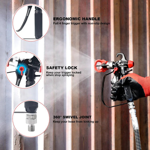 Pro Grade Airless Paint Sprayer Gun Kit Packed With Five Interchangeable Tips 311 To 619, showing safety lock, ergonomic handle, swivel joint.