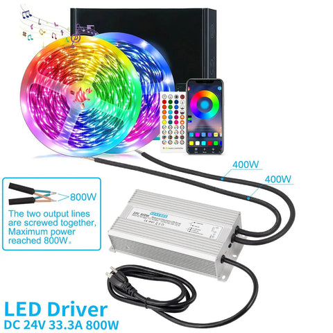 24V 800W IP67 Waterproof LED Driver Power Supply For Outdoor Lighting, silver aluminum housing with RGB strip cables