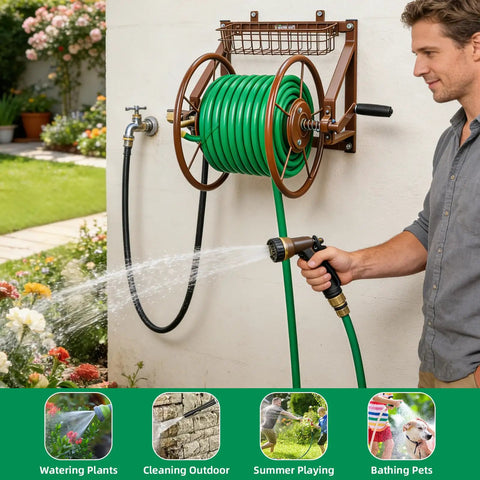 Man using Wall Mounted Garden Hose Reel, Heavy Duty Metal Hose Organizer That Holds 155 Feet Of 5/8 Inch Hose, outdoor garden scene