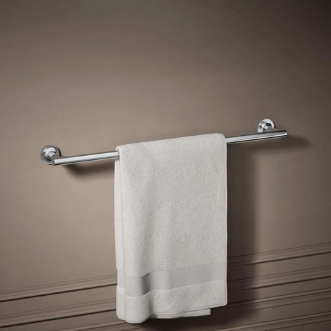 Purist 24 Inch Towel Bar Polished Chrome For A Sleek Bathroom Upgrade With Clean Architectural Lines And Durable Solid Brass Construction Easy Wall Mount Install Complements Modern Faucets And Fixtures, shown with towel