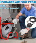 Heavy Duty Air Foot Pedal Switch With 8 Foot Hose For Air Activated Drain Cleaning Machines A Real Workhorse That Fits Ridgid K 400 K 380 K 3800 K 750 K 7500 General Spartan Electric Eel Trojan shown with operator handling drain cleaner in a garage.