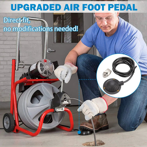 Heavy Duty Air Foot Pedal Switch With 8 Foot Hose For Air Activated Drain Cleaning Machines A Real Workhorse That Fits Ridgid K 400 K 380 K 3800 K 750 K 7500 General Spartan Electric Eel Trojan shown with operator handling drain cleaner in a garage.
