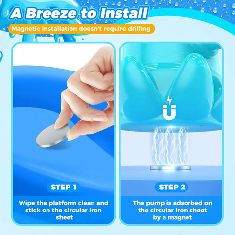 Installation steps for Rechargeable Magnetic Octopus Water Table Pump With Continuous Flow, showing wipe and magnet attach.